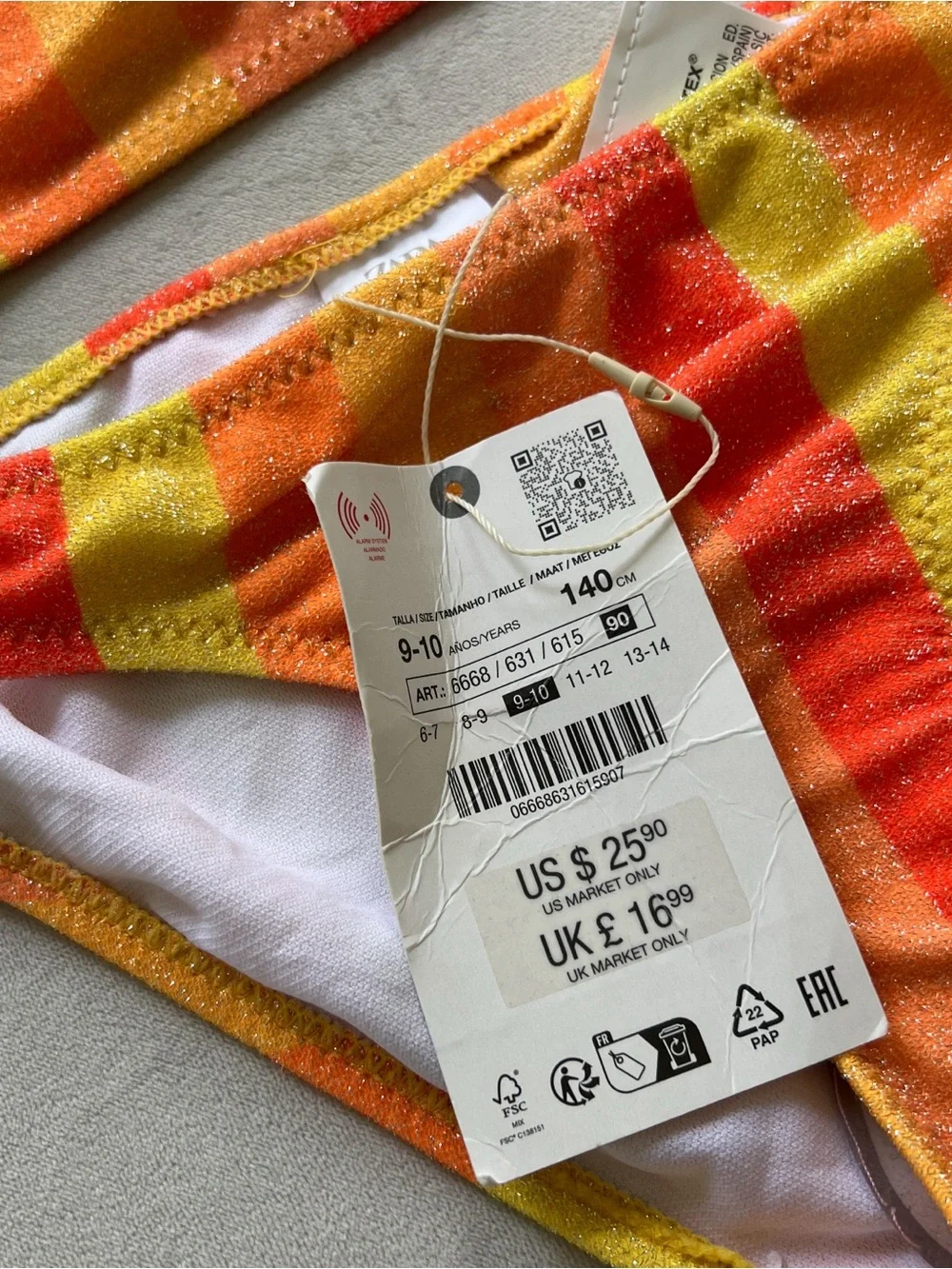 Zara Kids Sparkly Orange, Yellow & Red Striped Bikini Set Size 9-10 Years